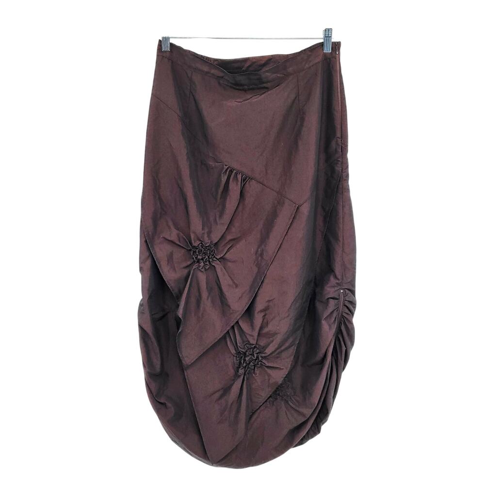 Lauren Vidal Women's Size L Brown Taffeta Rosette Gathered Bubble Maxi Skirt